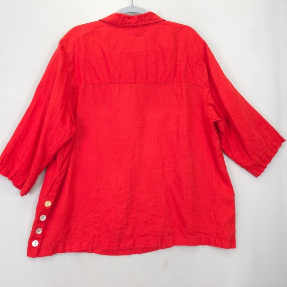 Tahari Linen Tunic Top Shirt Red 3/4 Sleeve Collared Button Side Women 2X - Picture 2 of 8